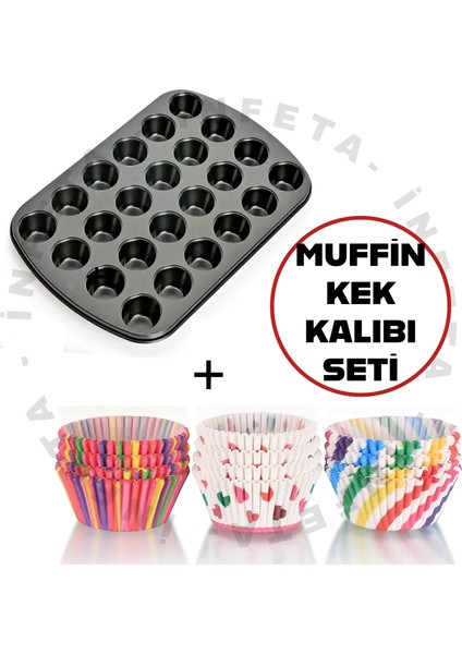 24 Bölmeli Metal Muffin Kek Kalıbı ve 100 Adet Cupcake Kağıdı Seti - Kek Kalıbı Seti