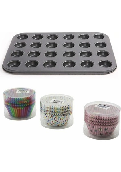 24 Bölmeli Metal Muffin Kek Kalıbı ve 100 Adet Cupcake Kağıdı Seti - Kek Kalıbı Seti modelleri