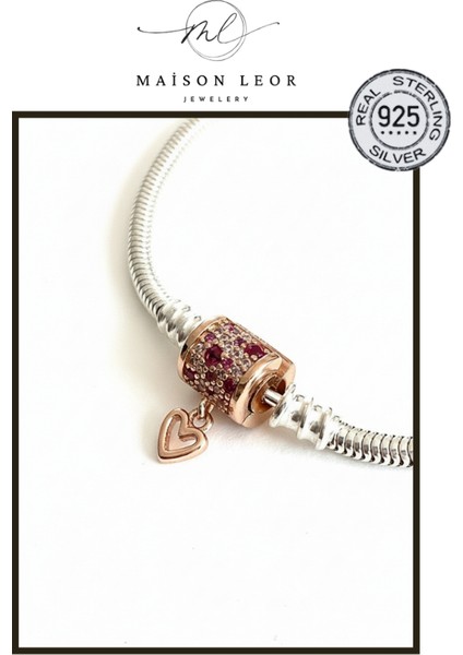 Rose Klipsli Gümüş Bileklik Charm Taşıyıcı