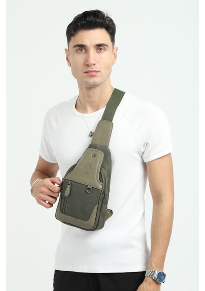 Haki Kanvas Çok Bölmeli Günlük Çapraz Askılı Omuz Çantası 7038-hk