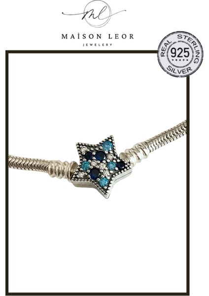 Mavi Yıldız Klipsli Gümüş Bileklik Charm Taşıyıcı
