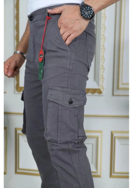 Erkek Gri Likralı Kargo Pantolon Esnek Gabardin/kanvas Körüklü Cep Komando Kargo Cep Şık Pantolon
