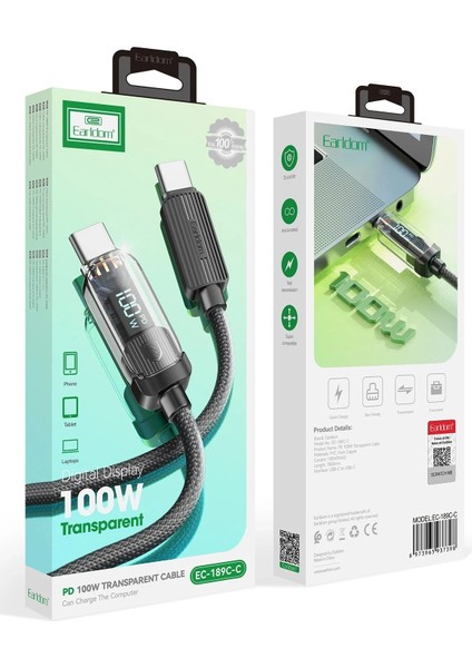 EC-189CC 1m 100W Dijital Göstergeli Type-C To Type-C Pd Hızlı Şarj Kablosu - Siyah