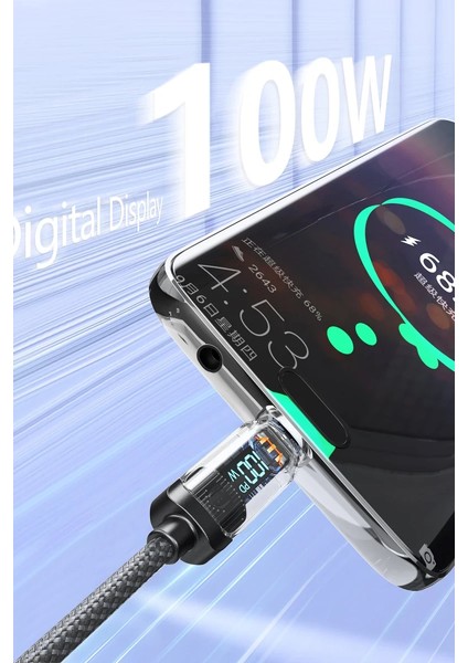 EC-189CC 1m 100W Dijital Göstergeli Type-C To Type-C Pd Hızlı Şarj Kablosu - Siyah