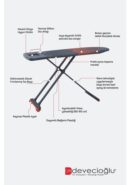Harbinger Silverboard Ütü Masası MM-422 – Isıya Dayanıklı Pamuklu Kılıf ve Monoblok Gövde, 42x123 cm