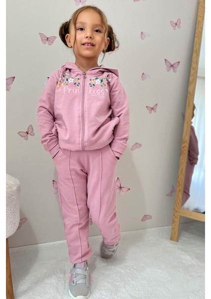 Kız Çocuk Eşofman Takım Renkli Çiçek Desenli Fermuarlı 1.5-5 Yaş, Gülkurusu