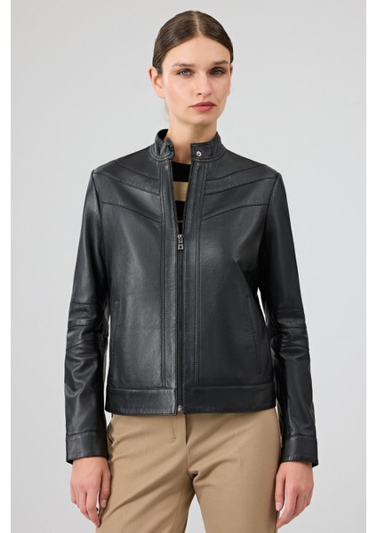 Tina Kadın Siyah Hakim Yaka Deri Ceket 25WGE53241M