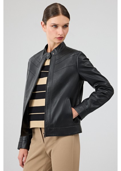Tina Kadın Siyah Hakim Yaka Deri Ceket 25WGE53241M fiyatları