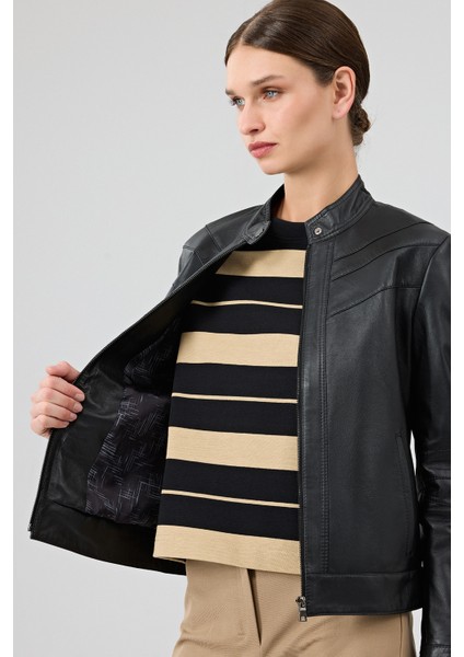 Tina Kadın Siyah Hakim Yaka Deri Ceket 25WGE53241M
