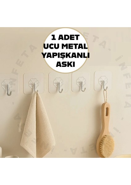 1 Adet Şeffaf Yapışkanlı Askı Metal Uçlu Güçlü Banyo Mutfak Kapı Askısı