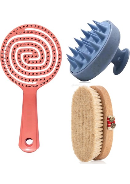 %100 Doğal At Kılı Fırçası 3 Boyutlu Tarak Saç Masaj Tarağı 3 Lü Set