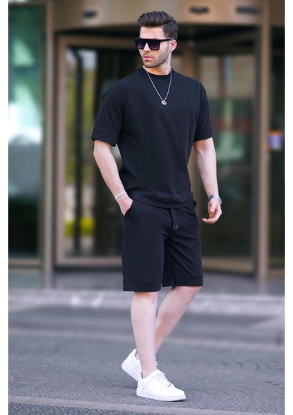 Siyah Bisiklet Yaka Basic Erkek Şort Takımı 5953