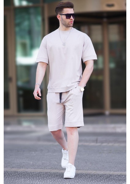 Bej Bisiklet Yaka Basic Erkek Şort Takımı 5953