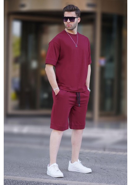 Bordo Bisiklet Yaka Basic Erkek Şort Takımı 5953