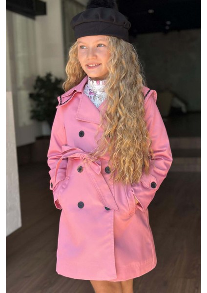 Kız Çocuk Üzeri Dantel Işlemeli Elbise Çift Cep Detaylı Kemerli Pembe Trençkot