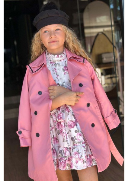 Kız Çocuk Üzeri Dantel Işlemeli Elbise Çift Cep Detaylı Kemerli Pembe Trençkot fiyatları