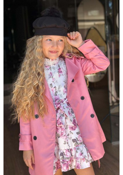 Kız Çocuk Üzeri Dantel Işlemeli Elbise Çift Cep Detaylı Kemerli Pembe Trençkot modelleri