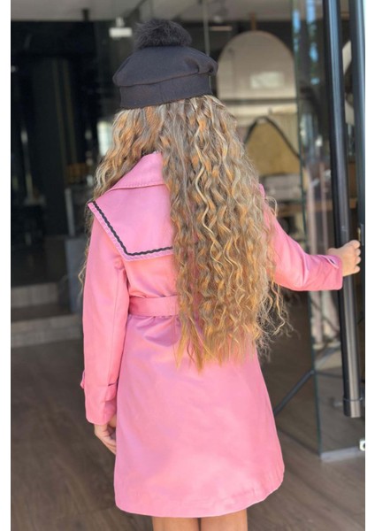 Kız Çocuk Üzeri Dantel Işlemeli Elbise Çift Cep Detaylı Kemerli Pembe Trençkot fırsatları