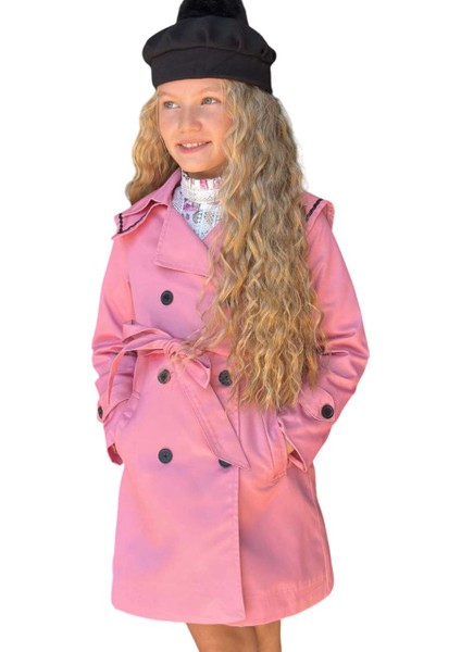 Kız Çocuk Üzeri Dantel Işlemeli Elbise Çift Cep Detaylı Kemerli Pembe Trençkot indirimleri