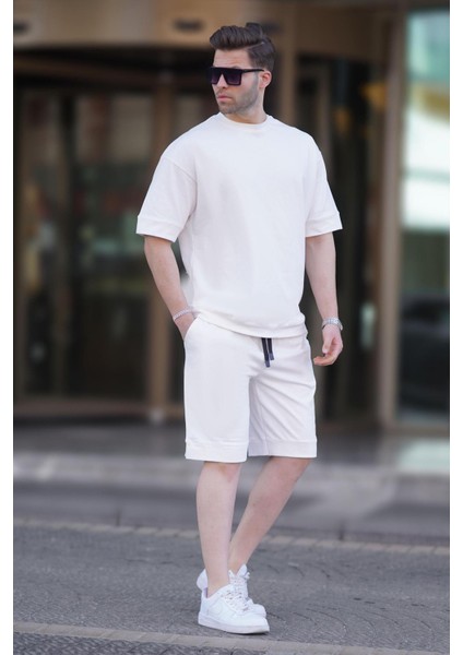 Ekru Bisiklet Yaka Basic Erkek Şort Takımı 5953