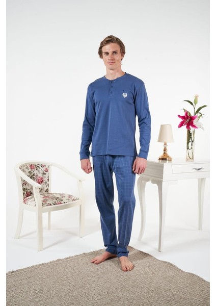 Erkek Kışlık Patlı Kareli Penye Interlok Pijama Takımı Mavi