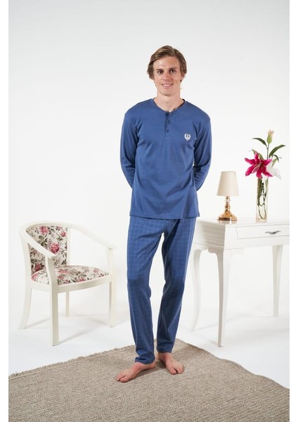 Erkek Kışlık Patlı Kareli Penye Interlok Pijama Takımı Mavi fırsatları