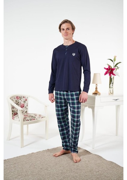 Erkek Kışlık Patlı Kareli Penye Süprem Pijama Takımı Lacivert