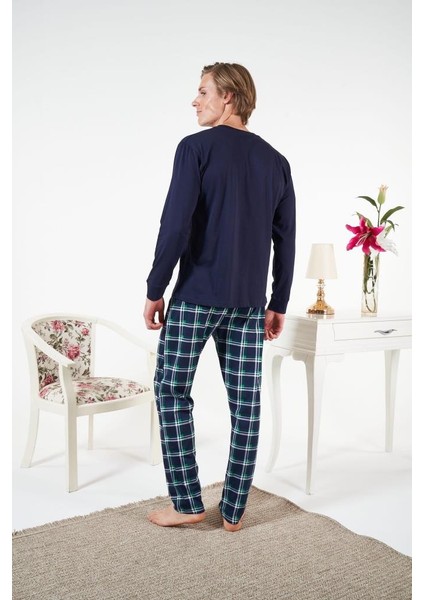 Erkek Kışlık Patlı Kareli Penye Süprem Pijama Takımı Lacivert modelleri