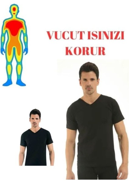 Erkek Siyah Termal V Yaka Kısa Kol Atlet -20 Derece Tam Koruma