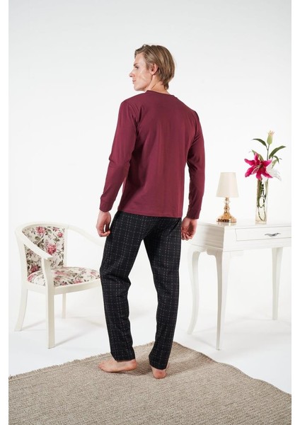 Erkek Kışlık Patlı Kareli Penye Süprem Pijama Takımı Bordo modelleri