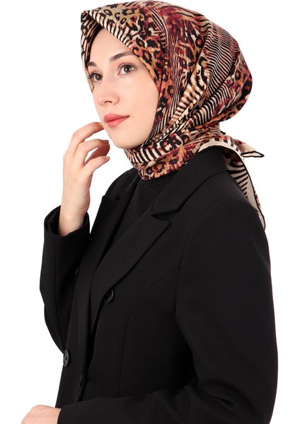 Mürdüm Zebra Leopar Desen Twill Ipek Eşarp