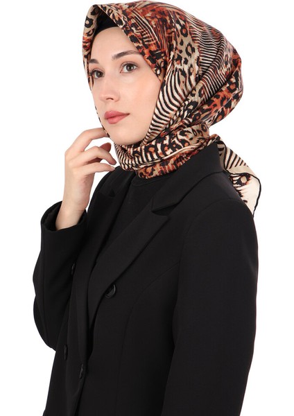 Turuncu Zebra Leopar Desen Twill Ipek Eşarp