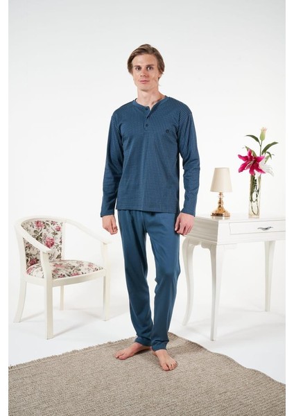 Erkek Kışlık Patlı Kareli Penye Interlok Pijama Takımı Indigo