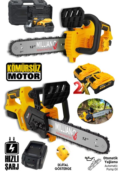 MLN-12D Şarjlı Çift Akülü Otomatik Yağlamalı Dal Budama Makinesi Bataryalı Odun Ağaç Kesme Testeresi