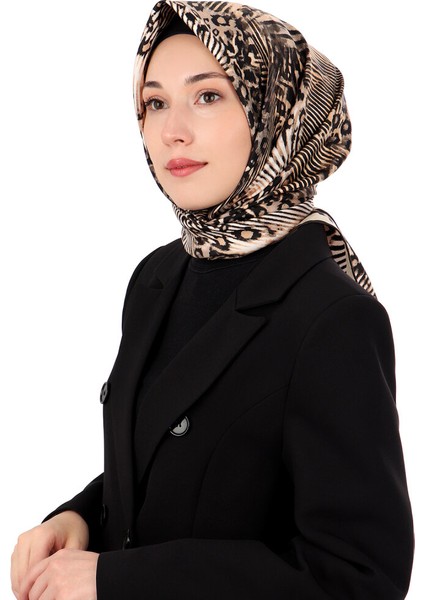 Krem Zebra Leopar Desen Twill Ipek Eşarp