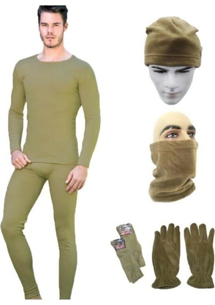 Erkek Haki Termal Içlik Takımı Polar Bere Boyunluk Eldiven Havlu Çorap Seti