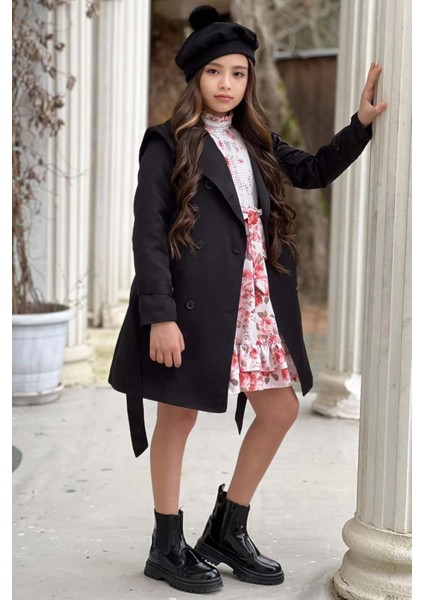 Kız Çocuk Üzeri Dantel Işlemeli Elbise Çift Cep Detaylı Kemerli Siyah Trençkot