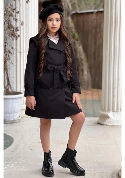 Kız Çocuk Üzeri Dantel Işlemeli Elbise Çift Cep Detaylı Kemerli Siyah Trençkot fiyatları