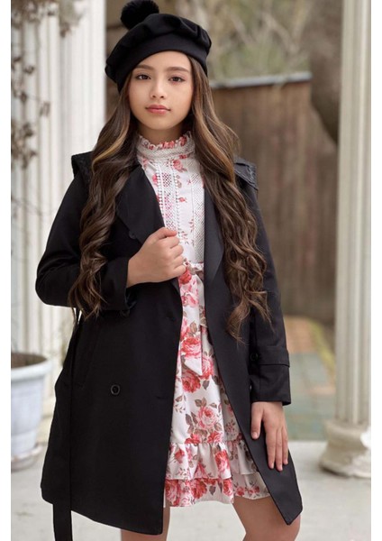 Kız Çocuk Üzeri Dantel Işlemeli Elbise Çift Cep Detaylı Kemerli Siyah Trençkot modelleri