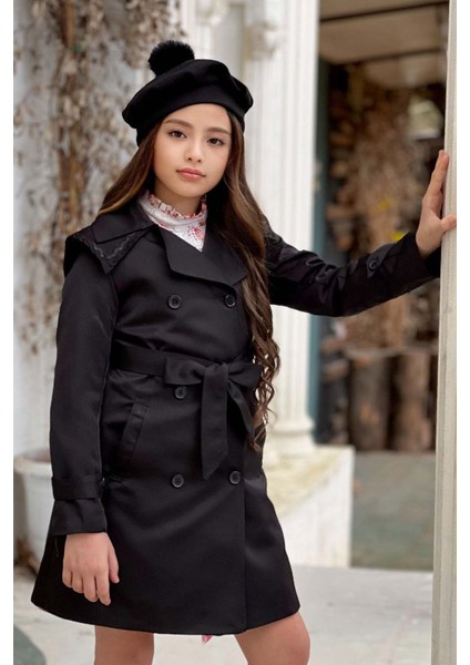 Kız Çocuk Üzeri Dantel Işlemeli Elbise Çift Cep Detaylı Kemerli Siyah Trençkot indirimleri