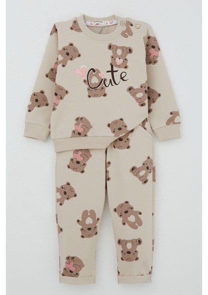 Kız Bebek Eşofman Takım Mutlu Ayıcık Desenli 6 Ay-2 Yaş, Bej