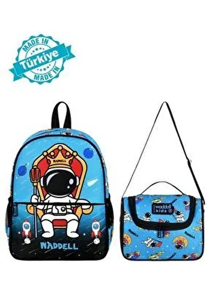 Desenli Astronot Lisanslı Kombin Anaokul Sırt Çantası ve Termal Beslenme Çantası