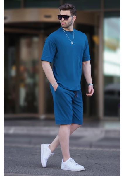 Petrol Mavisi Bisiklet Yaka Basic Erkek Şort Takımı 5953