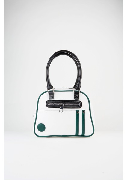 Kadın Beyaz Yeşil Retro Spor Ayarlanabilir Askılı Fermuar Kapama El Kol ve Omuz Çantası
