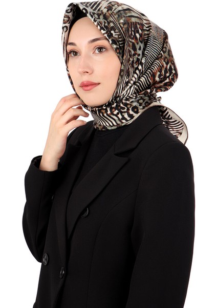 Yeşil Zebra Leopar Desen Twill Ipek Eşarp