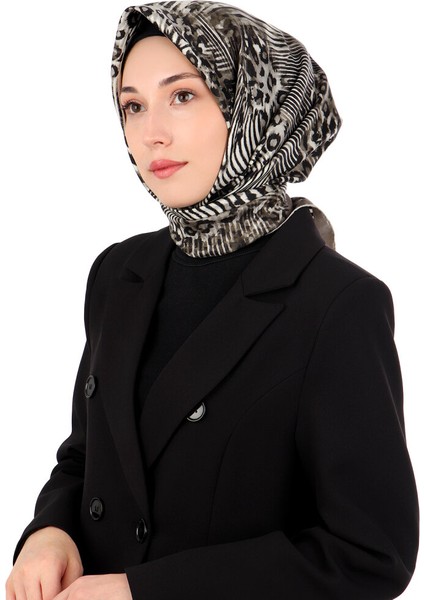 Füme Zebra Leopar Desen Twill Ipek Eşarp