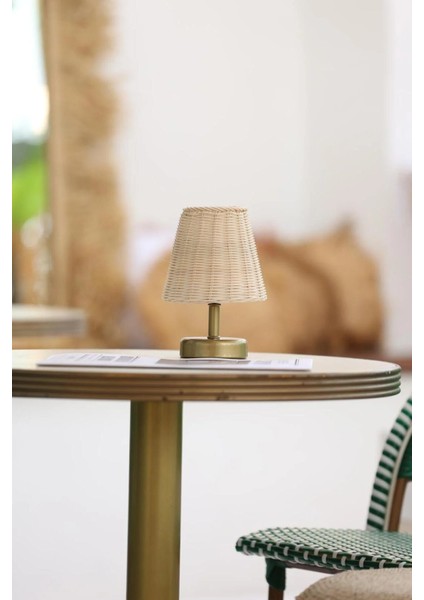 Rattan & Bambu Kablosuz Şarjlı Masa Lambası - Alt Eskitme Gold