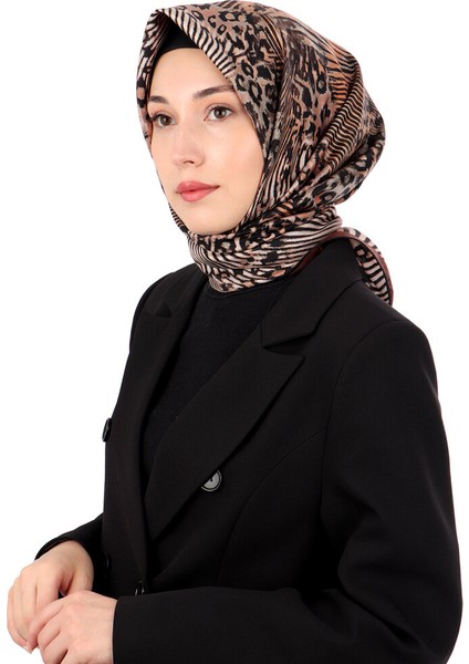 Kestane Zebra Leopar Desen Twill Ipek Eşarp