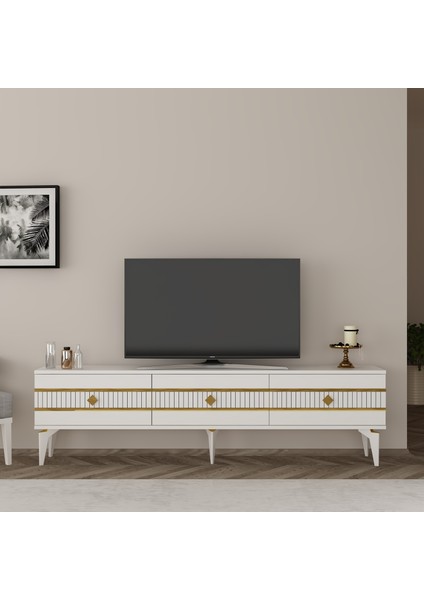 Lennora 180 cm Tv Sehpası (Alt Modül) Beyaz-Altın
