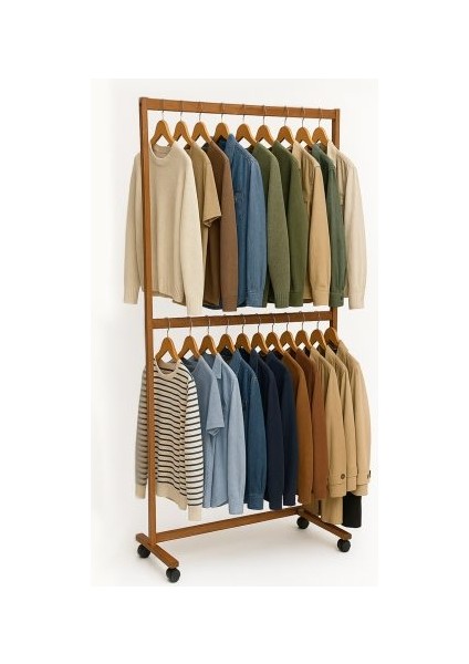 Ayaklı Askı Ahşap Elbise Askısı 2 Katlı Askılık 5870